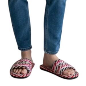 CROWN & IVY Piper Red Multi Satin Slide Sandals - Pink, White, Black Size 8